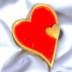 Vintage Red Heart Lapel Pin Gold Tone Trim Romantic Statement Brooch Artsy